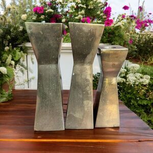 Square Double Inverted Pyramid Shape Brass Candlesticks MCM Lot Of 3 - 8” & 6.5”